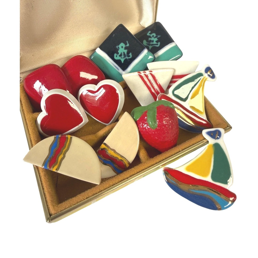 Vintage 80s Earring Lot Nautical Sailboat Heart Strawberry Primary Colors 7pc